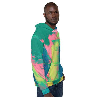 Unisex fleece hoodie in a soft green and pink wash, printed over the whole garment.