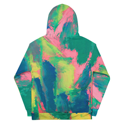 Unisex fleece hoodie in a soft green and pink wash, printed over the whole garment.