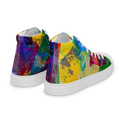 Women's high top canvas sneaker in yellow, green and purple painting, laced to the ankle.