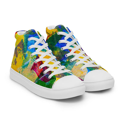 Women's high top canvas sneaker in yellow, green and purple painting, laced to the ankle.