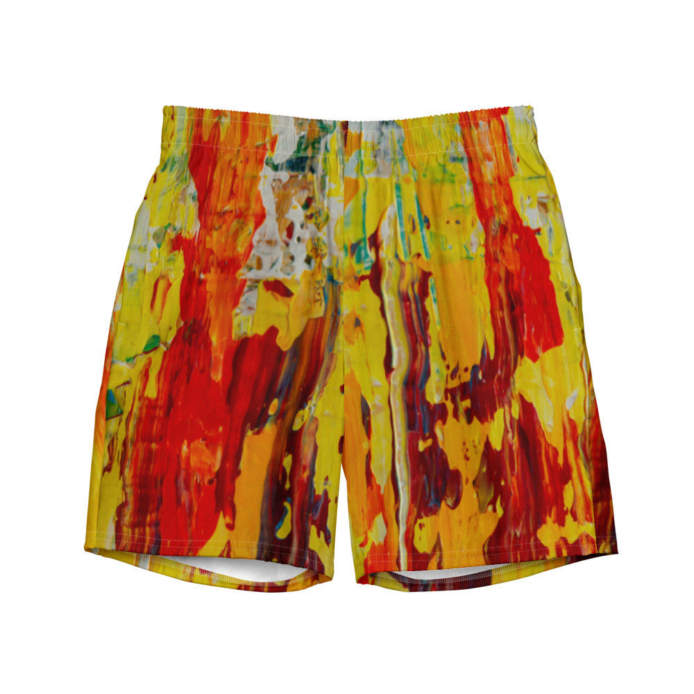 Men's quick-dry swim trunks in a red and yellow painting, with a drawstring waist.