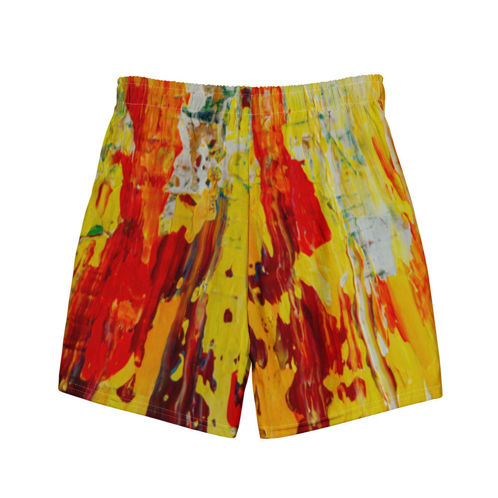 Men's quick-dry swim trunks in a red and yellow painting, with a drawstring waist.