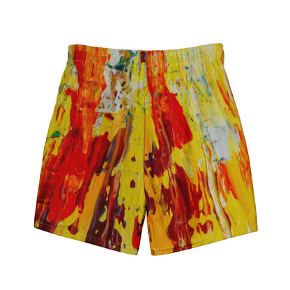 Men's quick-dry swim trunks in a red and yellow painting, with a drawstring waist.
