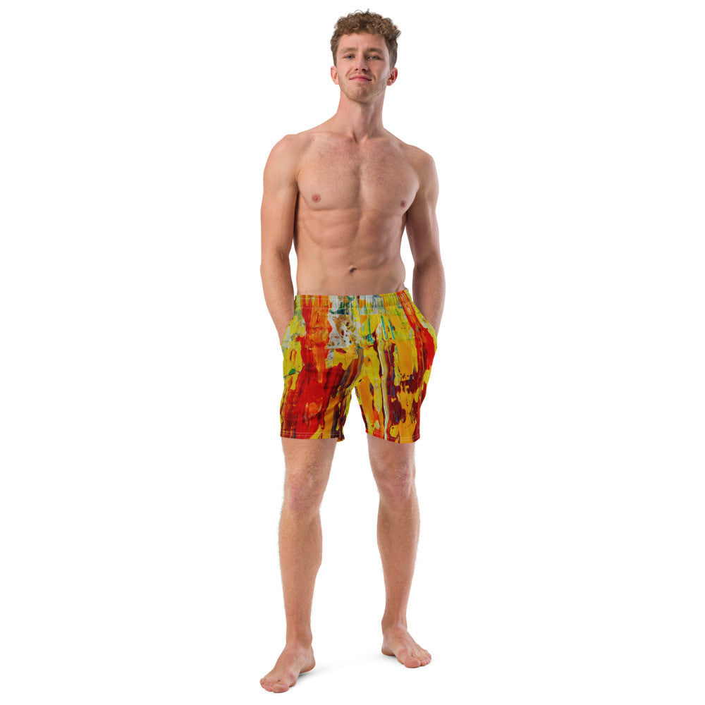 Men's quick-dry swim trunks in a red and yellow painting, with a drawstring waist.