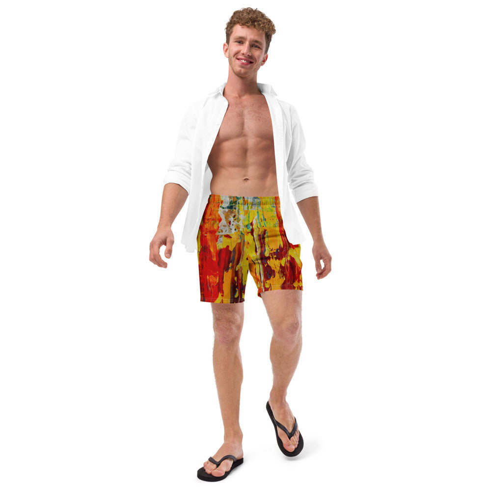 Men's quick-dry swim trunks in a red and yellow painting, with a drawstring waist.