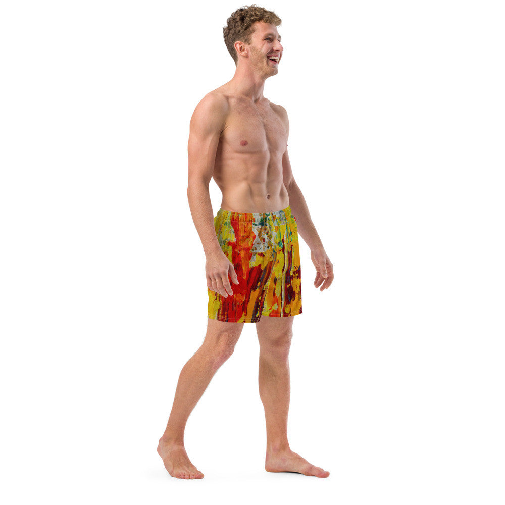 Men's quick-dry swim trunks in a red and yellow painting, with a drawstring waist.