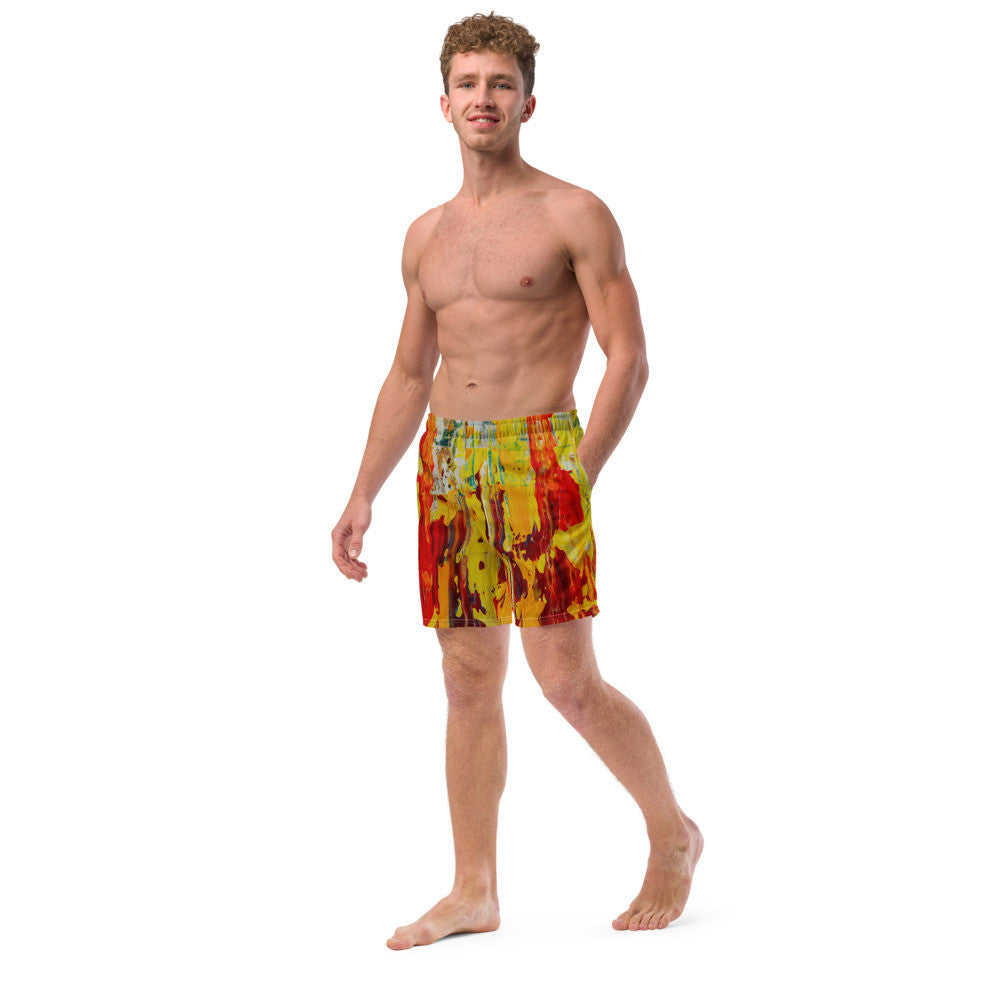 Men's quick-dry swim trunks in a red and yellow painting, with a drawstring waist.