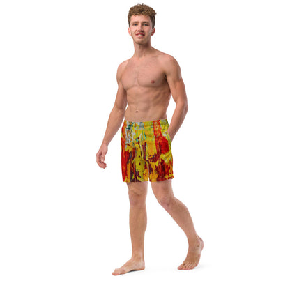 Men's quick-dry swim trunks in a red and yellow painting, with a drawstring waist.