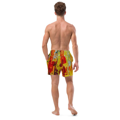Men's quick-dry swim trunks in a red and yellow painting, with a drawstring waist.