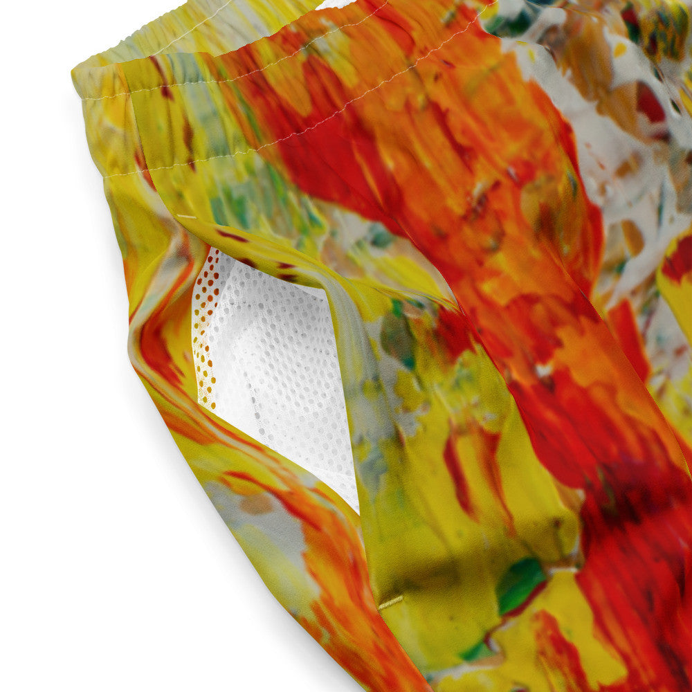 Men's quick-dry swim trunks in a red and yellow painting, with a drawstring waist.