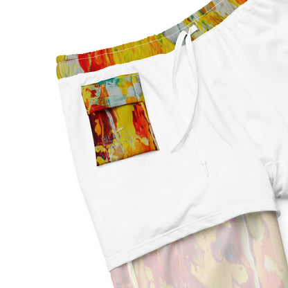 Men's quick-dry swim trunks in a red and yellow painting, with a drawstring waist.