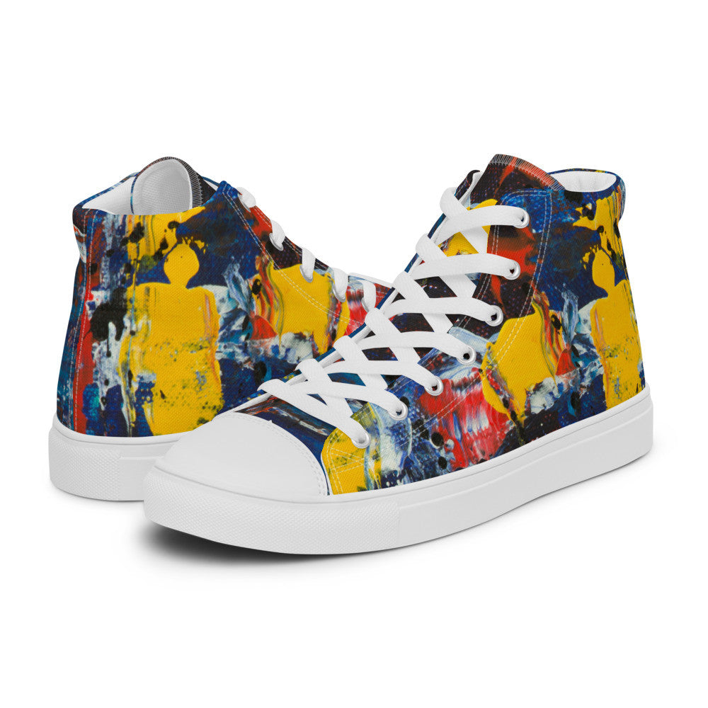 Women's high top canvas sneaker in navy, yellow and red abstract, padded ankle collar.