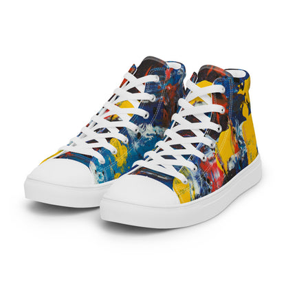 Women's high top canvas sneaker in navy, yellow and red abstract, padded ankle collar.