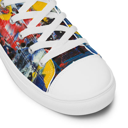 Women's high top canvas sneaker in navy, yellow and red abstract, padded ankle collar.