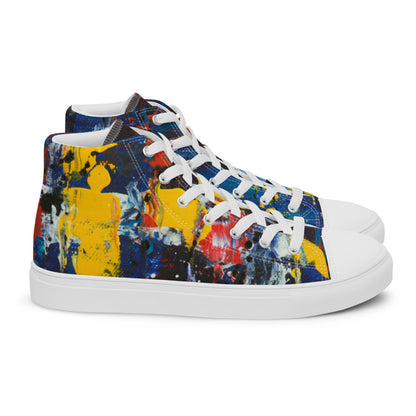 Women's high top canvas sneaker in navy, yellow and red abstract, padded ankle collar.