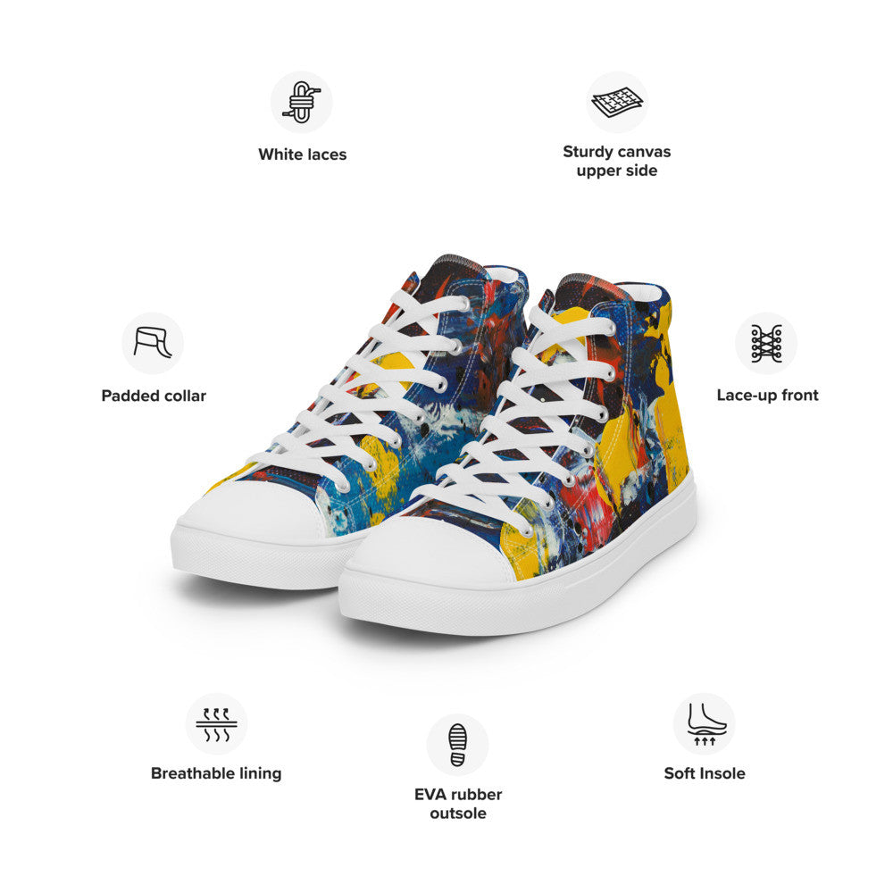 Women's high top canvas sneaker in navy, yellow and red abstract, padded ankle collar.