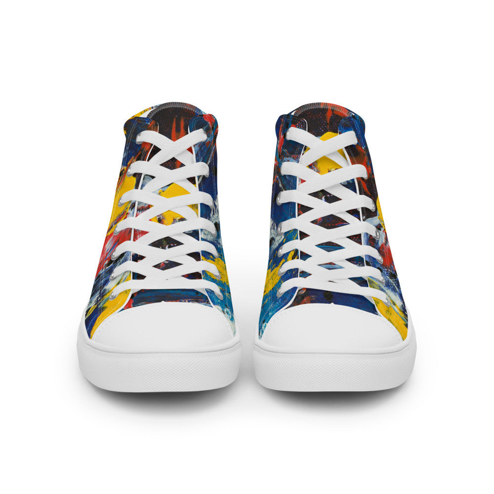 Women's high top canvas sneaker in navy, yellow and red abstract, padded ankle collar.
