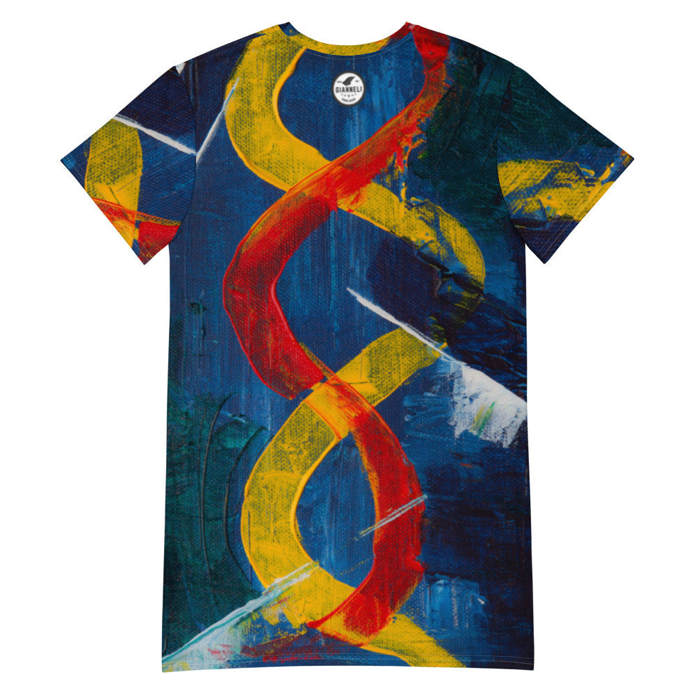 Oversize T-shirt dress on a navy ground, with red and yellow ribbons winding down the body.