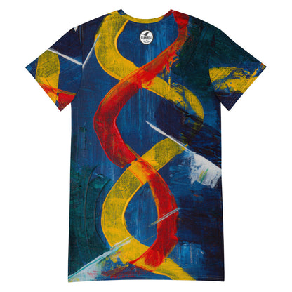 Oversize T-shirt dress on a navy ground, with red and yellow ribbons winding down the body.