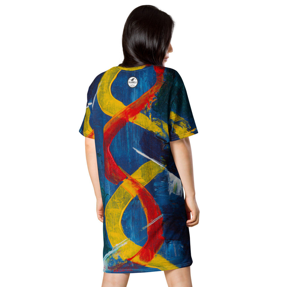 Oversize T-shirt dress on a navy ground, with red and yellow ribbons winding down the body.