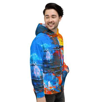 Unisex fleece hoodie in an orange and blue abstract print, with a double-lined hood.
