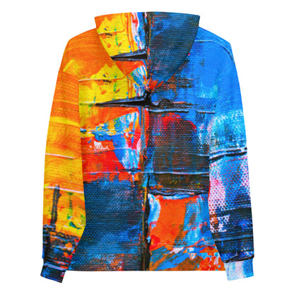 Unisex fleece hoodie in an orange and blue abstract print, with a double-lined hood.