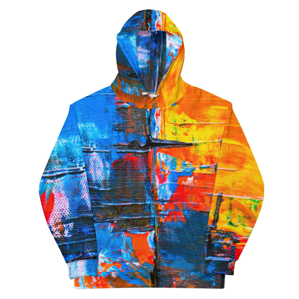 Unisex fleece hoodie in an orange and blue abstract print, with a double-lined hood.