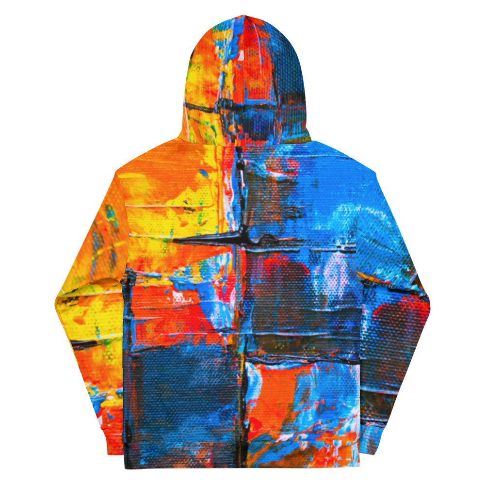 Unisex fleece hoodie in an orange and blue abstract print, with a double-lined hood.