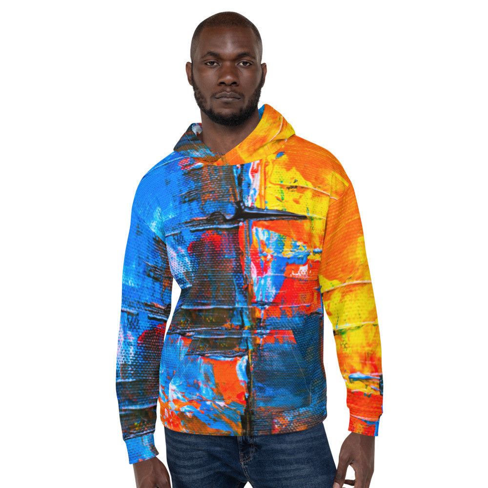 Unisex fleece hoodie in an orange and blue abstract print, with a double-lined hood.