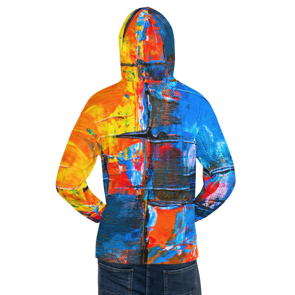 Unisex fleece hoodie in an orange and blue abstract print, with a double-lined hood.