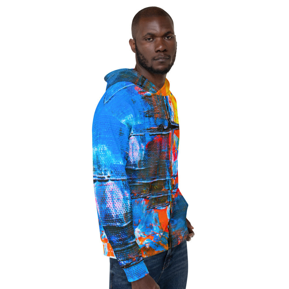 Unisex fleece hoodie in an orange and blue abstract print, with a double-lined hood.