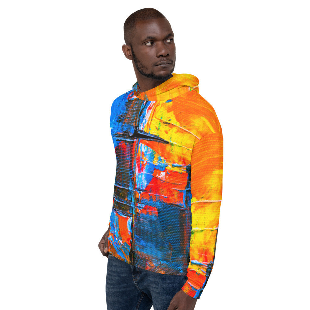 Unisex fleece hoodie in an orange and blue abstract print, with a double-lined hood.