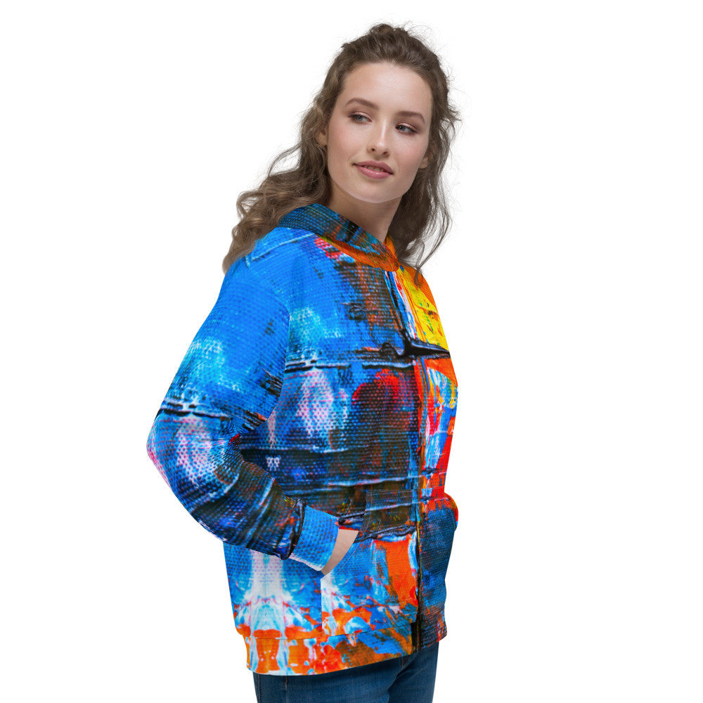 Unisex fleece hoodie in an orange and blue abstract print, with a double-lined hood.