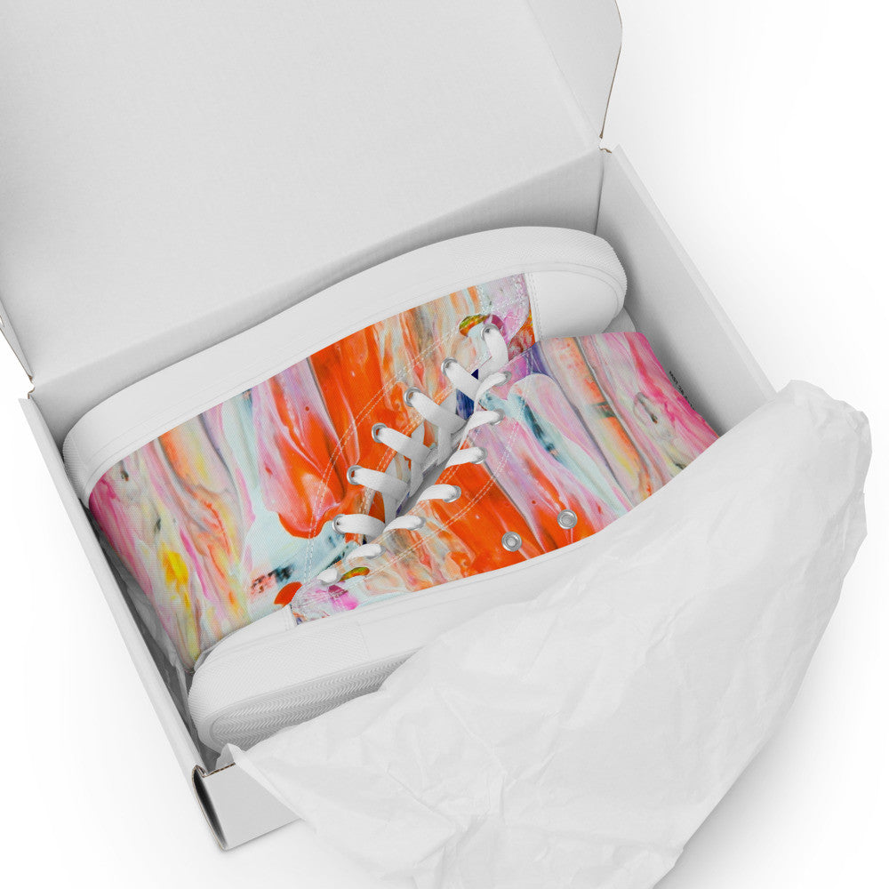 Women's high top canvas sneaker in a soft orange and pink wash, laced to the ankle.
