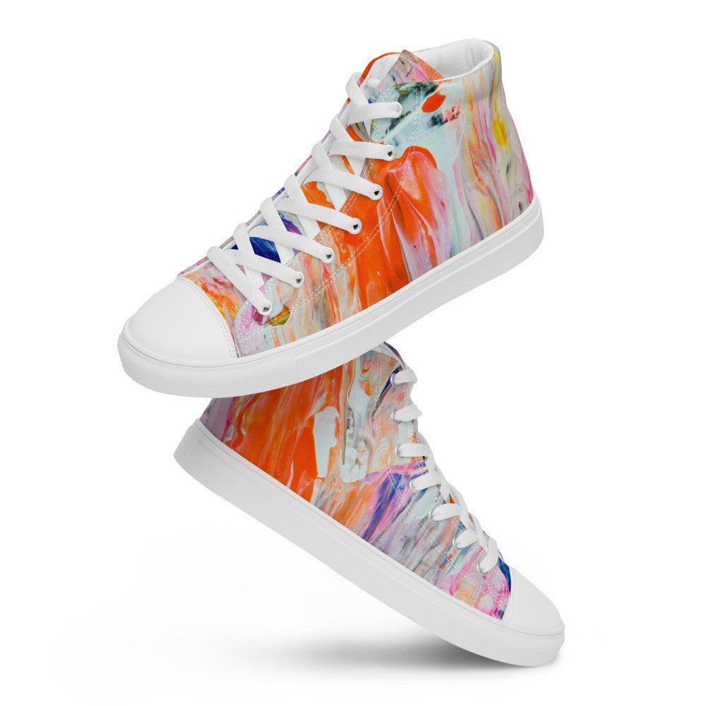 Women's high top canvas sneaker in a soft orange and pink wash, laced to the ankle.