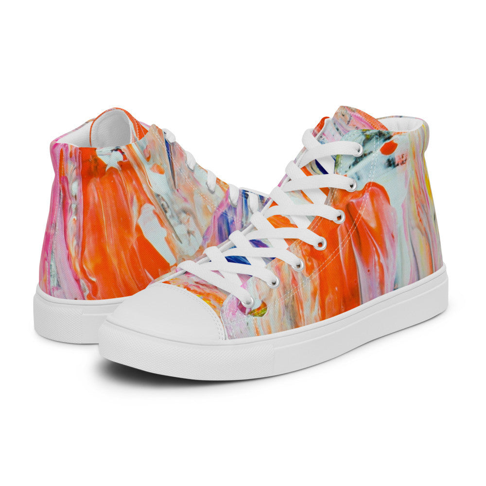 Women's high top canvas sneaker in a soft orange and pink wash, laced to the ankle.