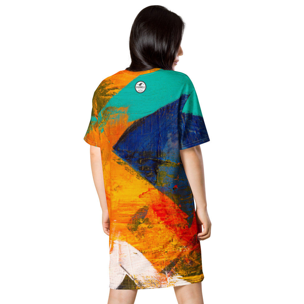 Relaxed T-shirt dress in an orange, teal and navy landscape print, cut with a dropped shoulder.