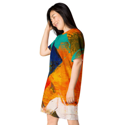 Relaxed T-shirt dress in an orange, teal and navy landscape print, cut with a dropped shoulder.
