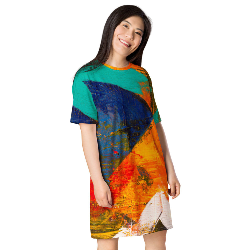 Relaxed T-shirt dress in an orange, teal and navy landscape print, cut with a dropped shoulder.