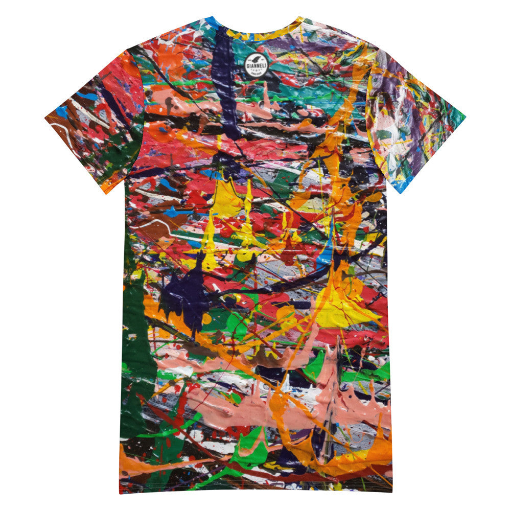 Drop shoulder T-shirt dress in an orange and multicolor landscape print, relaxed through the body.