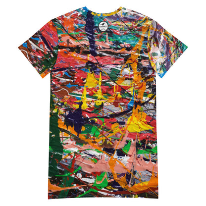 Drop shoulder T-shirt dress in an orange and multicolor landscape print, relaxed through the body.
