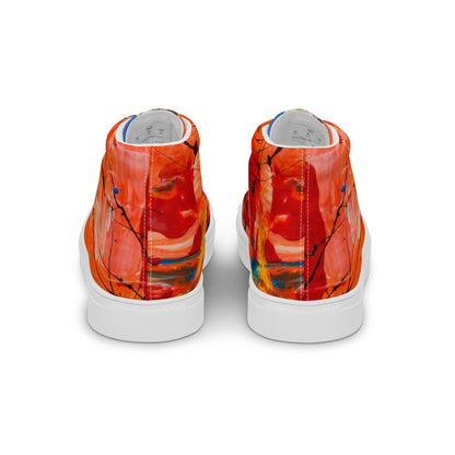 Women's high top canvas sneaker in an orange and blue canyon print, faux leather toe cap.