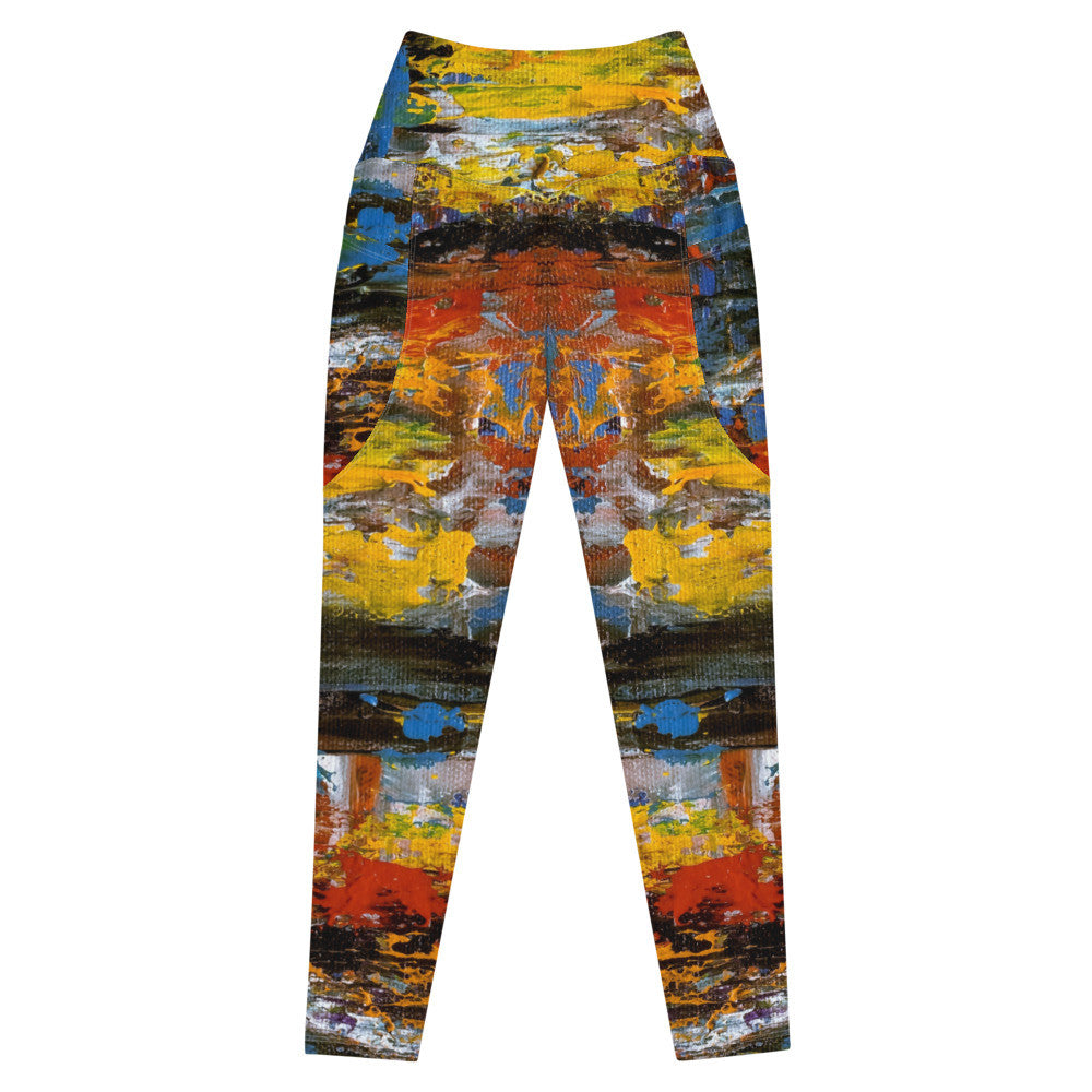 High-waisted leggings printed in orange and yellow, with a side pocket at the thigh.