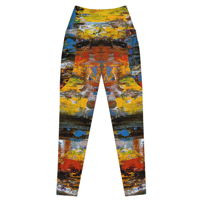 High-waisted leggings printed in orange and yellow, with a side pocket at the thigh.