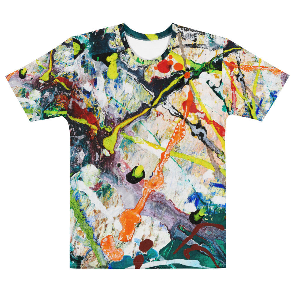 Men's jersey tee in white with a dense paint splatter print carried over the shoulders.
