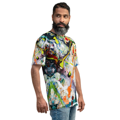 Men's jersey tee in white with a dense paint splatter print carried over the shoulders.