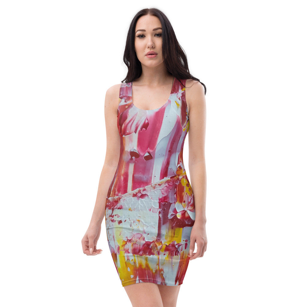 Fitted dress in soft pink and white brushwork, cut close and printed across the whole garment.