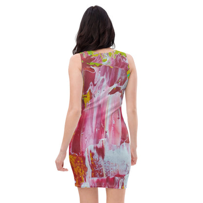 Fitted dress in soft pink and white brushwork, cut close and printed across the whole garment.