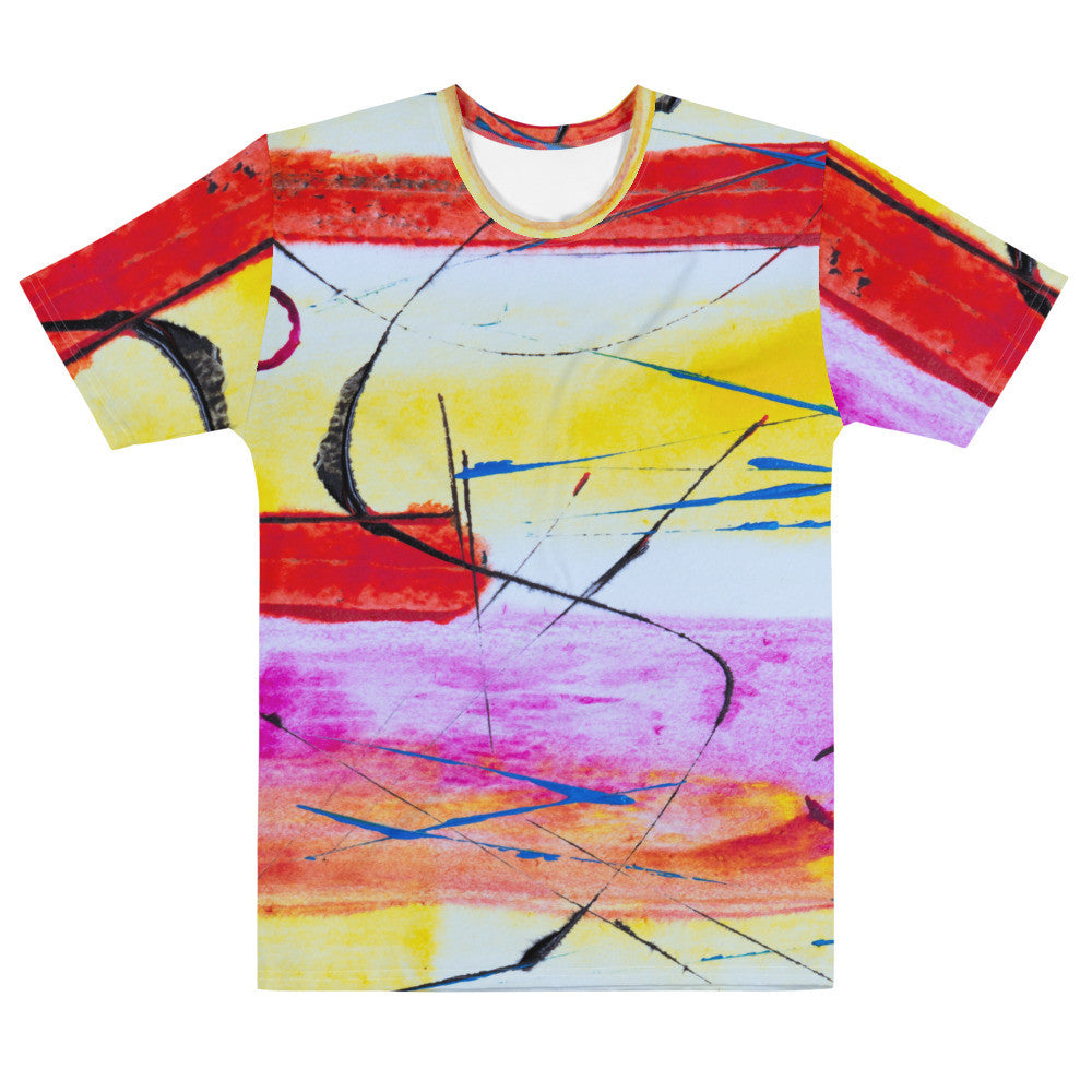 Men's jersey tee in a pink and yellow abstract print that runs across the body and the sleeves.