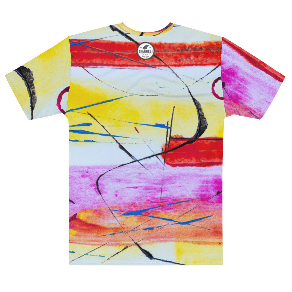 Men's jersey tee in a pink and yellow abstract print that runs across the body and the sleeves.